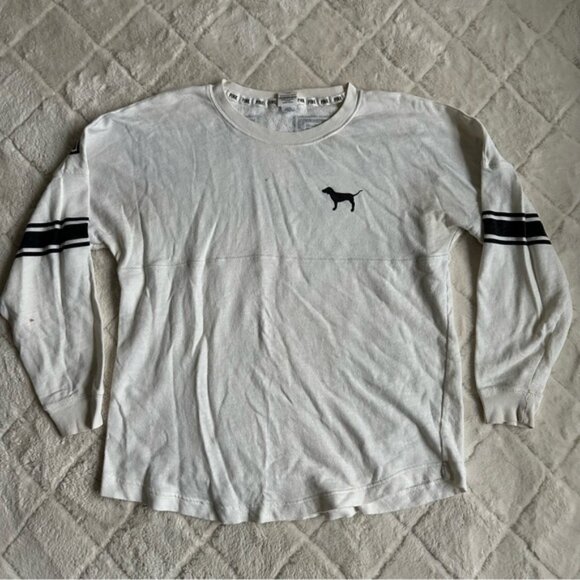 Victoria's Secret PINK | FLAWED White & Black Varsity Crew Sweater | Size Medium - Picture 2 of 12